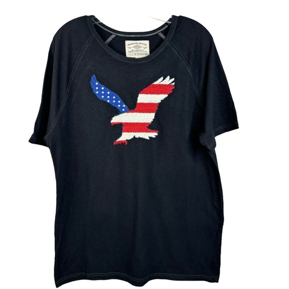 Y2K American Eagle Embroidered American Flag EAGLE Black Short Sleeve T Men LRG - Picture 1 of 6